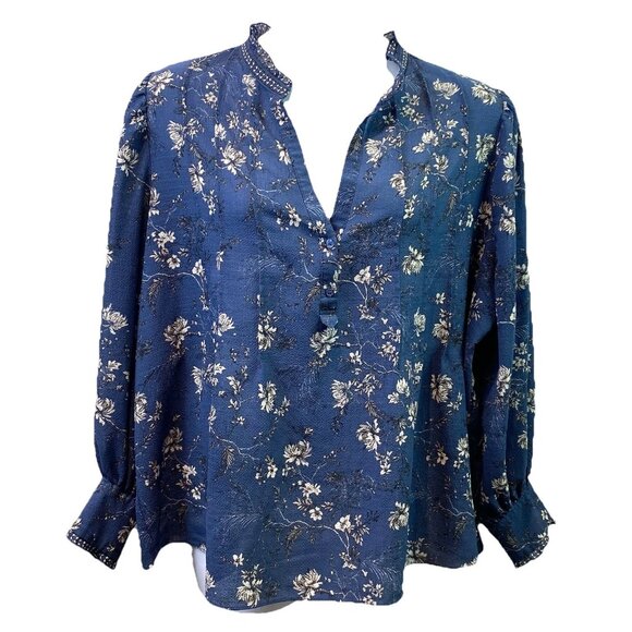 Max Studio Womens Blouse Dusty Blue Floral Bishop Sleeve Ruffle Collar Sz 3X - Picture 1 of 9